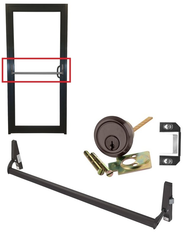 Commercial storefront panic bar and lock cylinder hardware